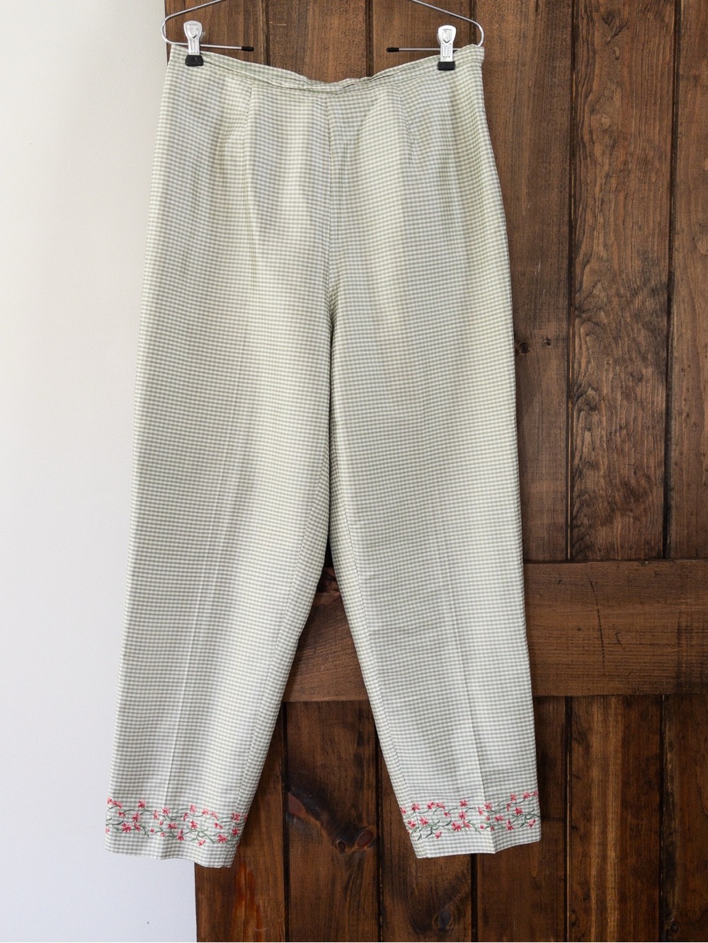 Vintage Robbie Bee Green & White Silk Gingham Plaid Embroidered Floral Pants 12